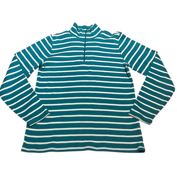 L.L. Bean Teal and White Striped Quarter Zip Pullover, Size M - Picture 2 of 8